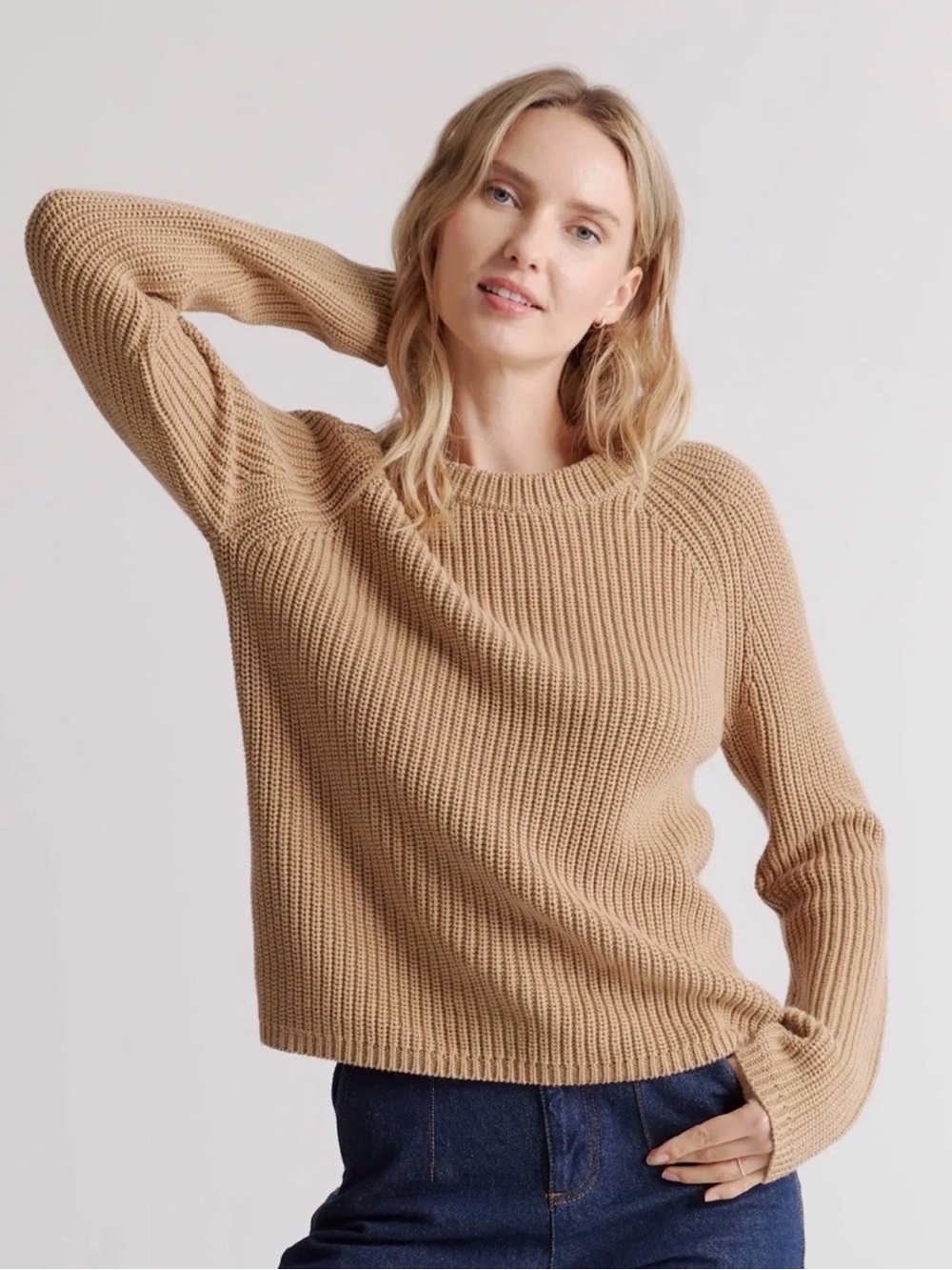 Quince Organic Cotton Fisherman Crew Sweater Camel XL